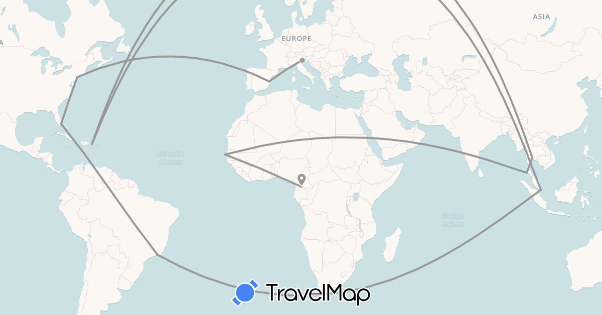 TravelMap itinerary: driving, plane in Brazil, Cameroon, Dominican Republic, Spain, Italy, Singapore, Senegal, Thailand, United States (Africa, Asia, Europe, North America, South America)